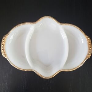 Anchor Hocking Fire King Milk Glass Divided Dish with Gold Trim